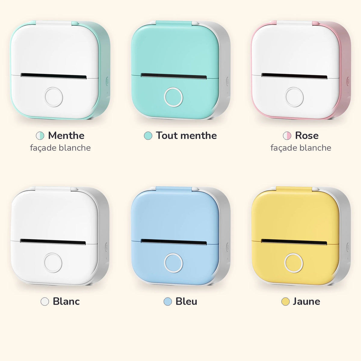Les 6 coloris de la mini imprimante Stickou : menthe façade blanche, tout menthe, rose façade blanche, blanc, bleu et jaune