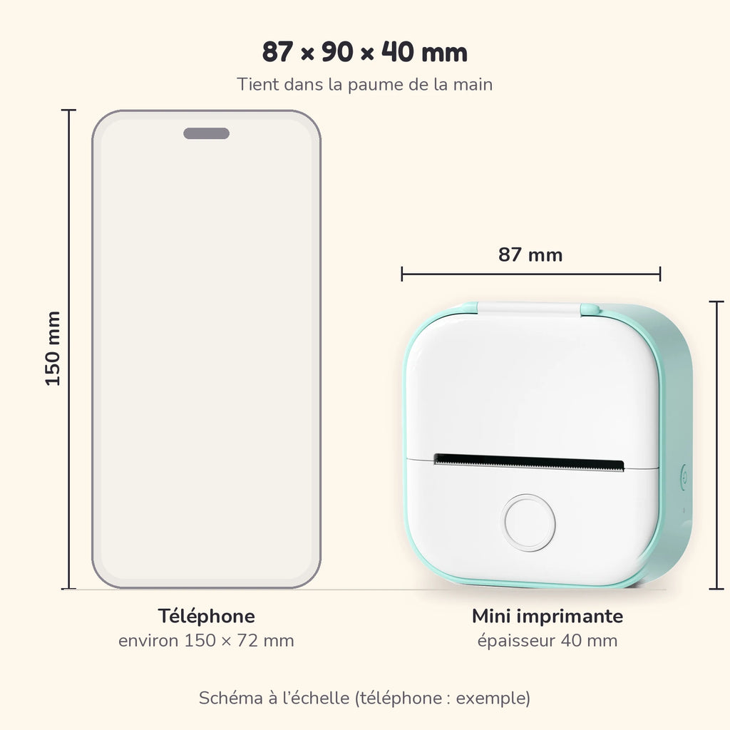 Dimensions de la mini imprimante : 87 × 90 × 40 mm, à côté d'un téléphone pour l'échelle