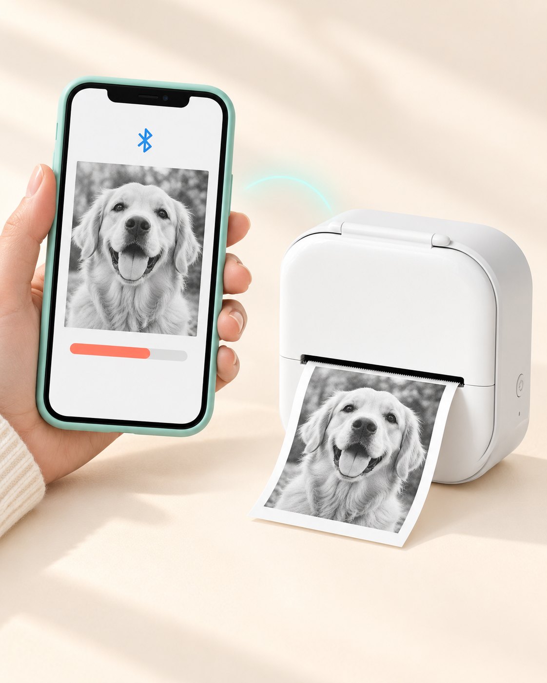 Téléphone relié en Bluetooth à la mini imprimante blanche qui imprime une photo de chien en sticker noir et blanc