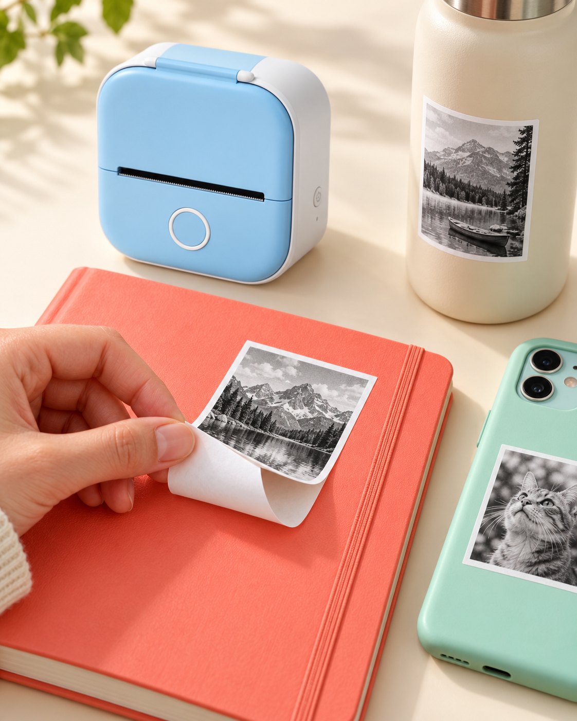 Main qui colle un sticker photo noir et blanc sur un carnet corail, imprimante bleue à côté