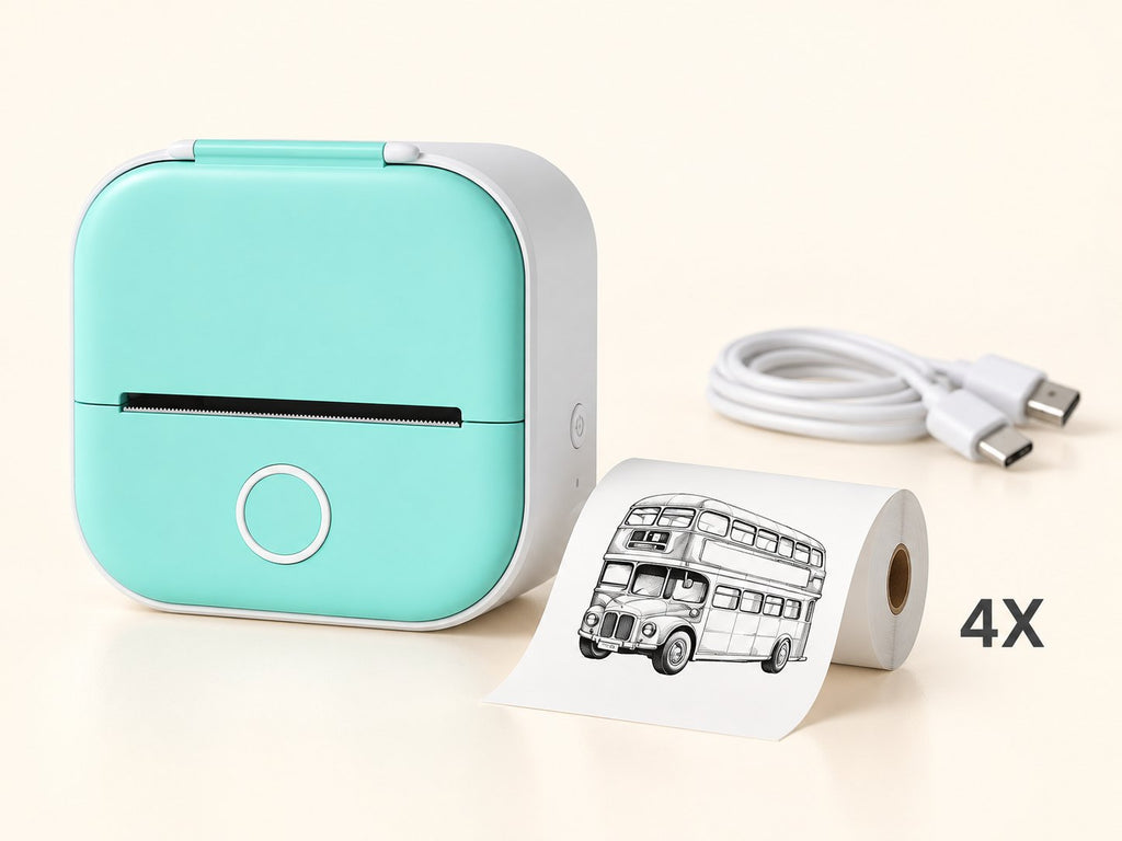 Contenu du coffret : mini imprimante menthe, 4 rouleaux et 1 câble USB