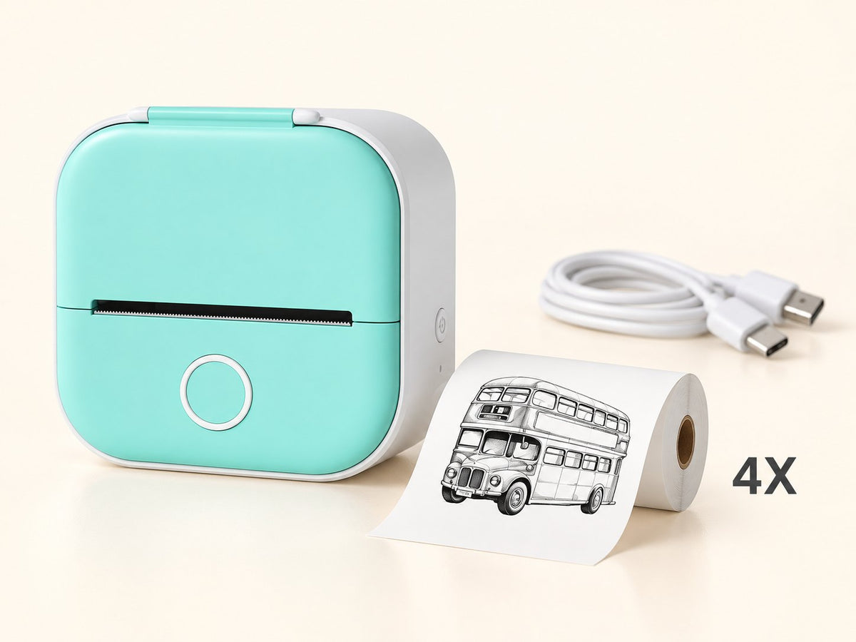 Contenu du coffret : mini imprimante menthe, 4 rouleaux et 1 câble USB