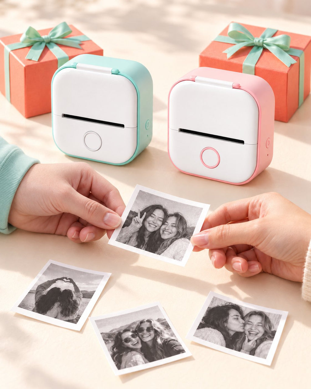 Deux mini imprimantes, menthe et rose, et deux amies qui s'échangent des photos-stickers