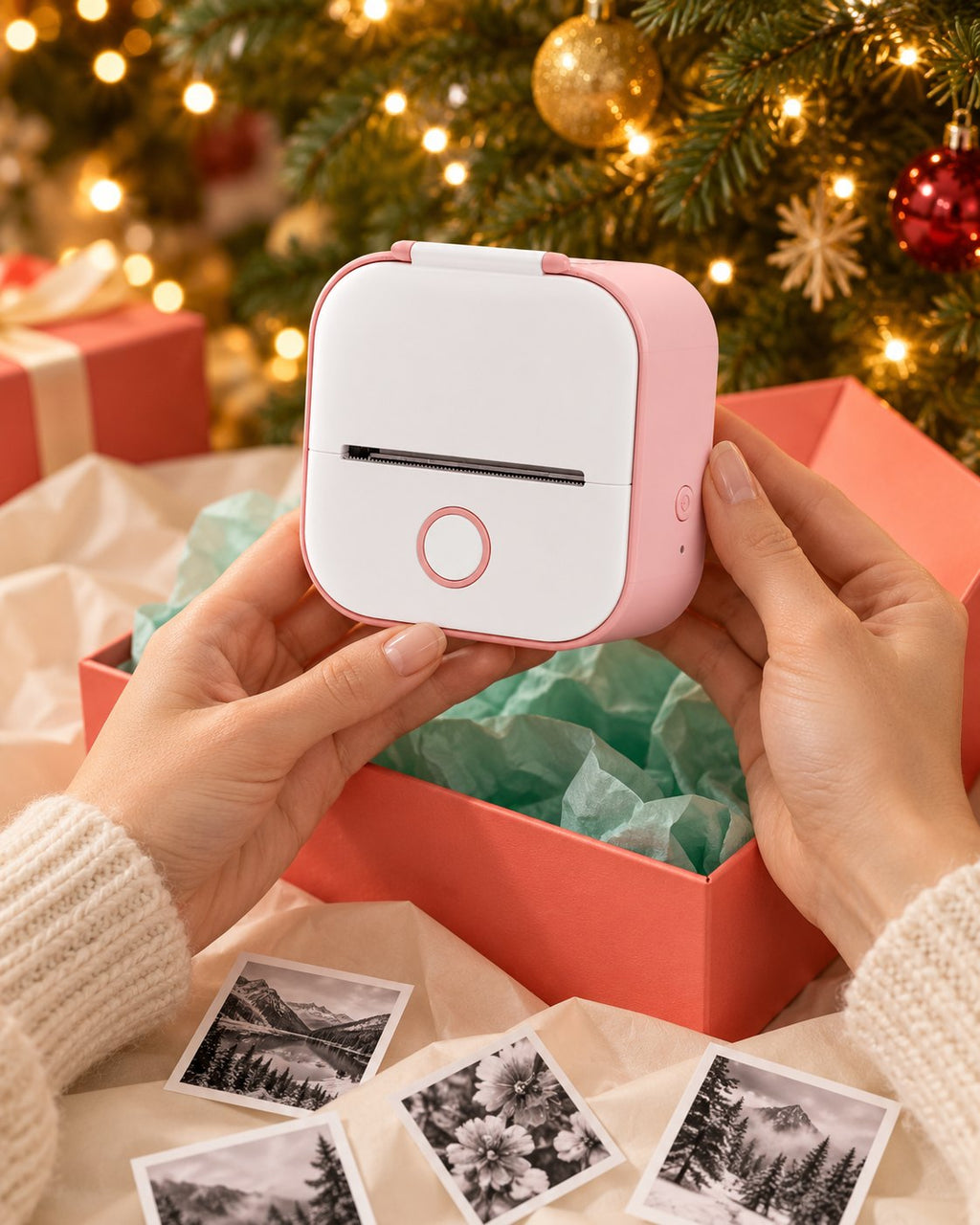Mini imprimante rose sortie d'un paquet cadeau au pied du sapin