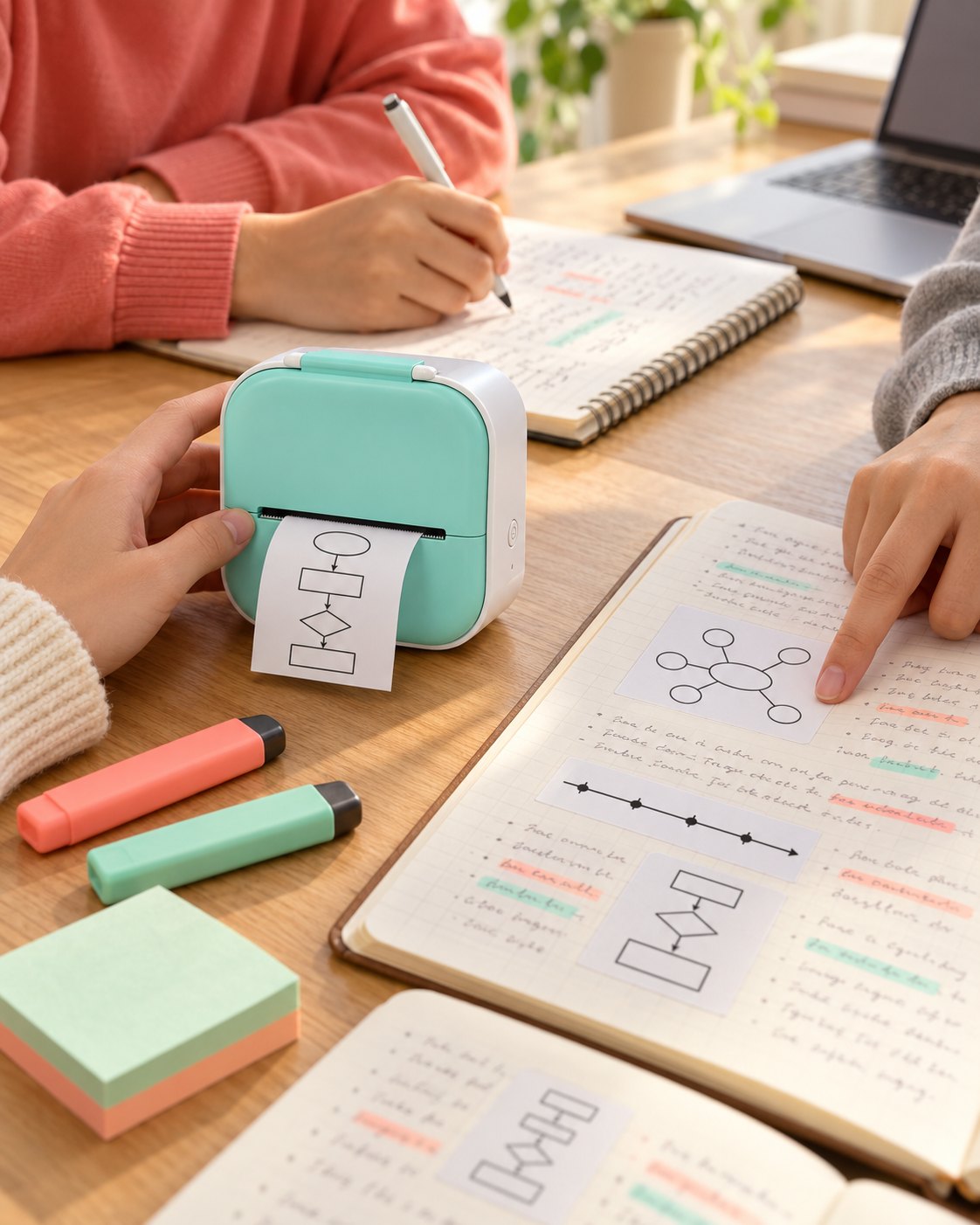 Mini imprimante menthe qui imprime des schémas collés dans des fiches de révision